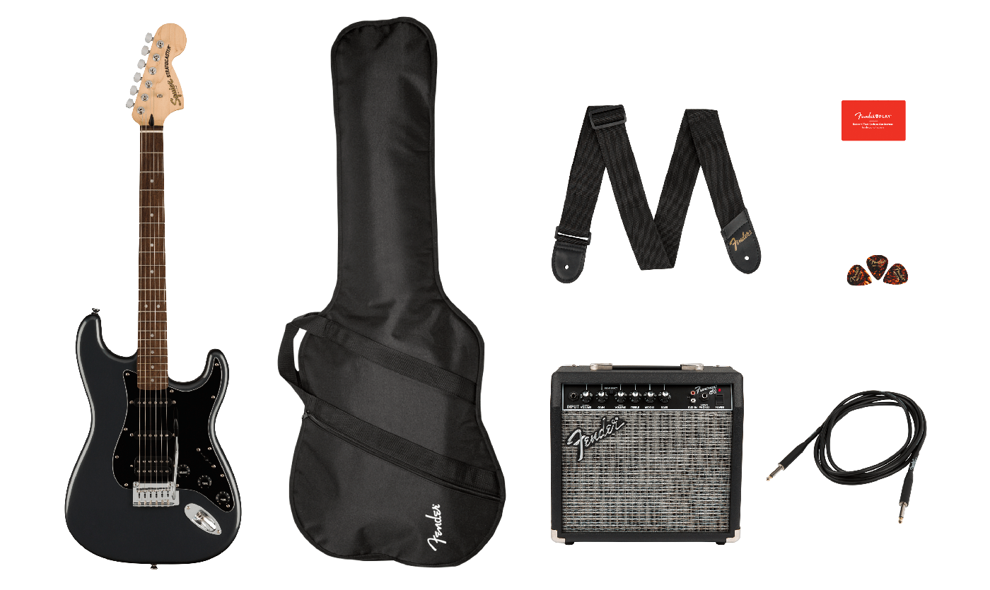 Squier Affinity Series Stratocaster HSS Pack — Charcoal Frost Metallic · Pack per principianti · R&D Sound Lugano