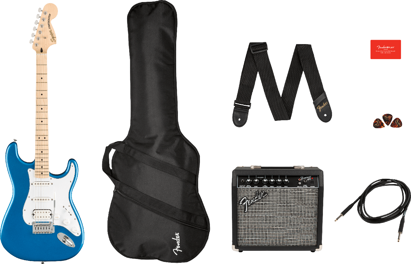 Squier Affinity Series Stratocaster HSS Pack — Lake Placid Blue · Pack per principianti · R&D Sound Lugano